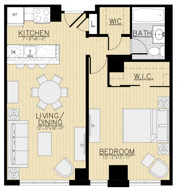 Floor plan for 1 bed, 1 bath, 671 sqft
